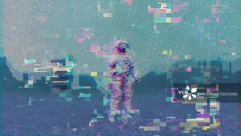 行走在月球表面的抽象故障宇航员图片素材