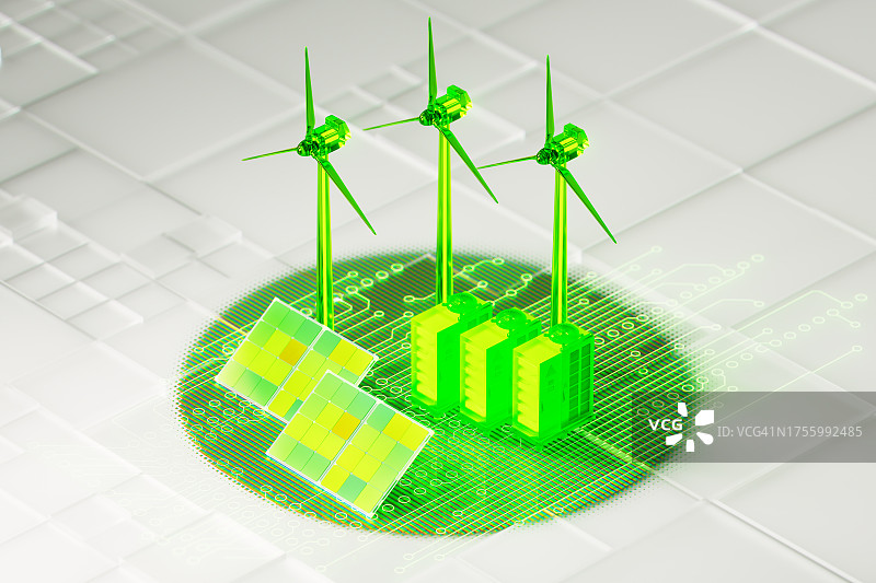 利用太阳能、风力涡轮机和绿色技术规划可持续未来图片素材