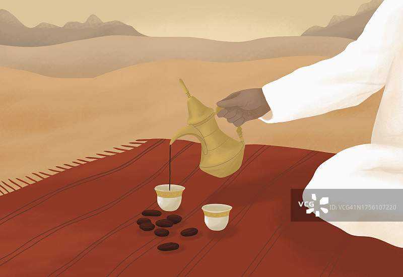 男人在沙漠中用中东咖啡壶倒咖啡图片素材