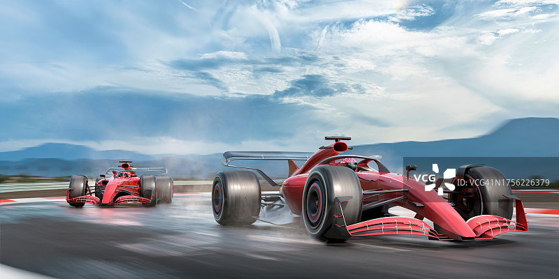 赛车在湿滑的赛道上转弯图片素材