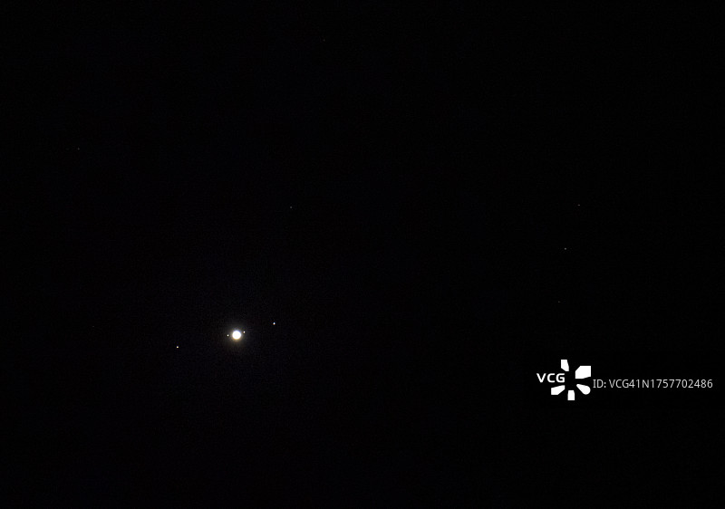 木星及其四颗卫星：加尼美德、伊娥、卡利斯托和欧罗巴，位于英国湖区安布尔赛德上空图片素材