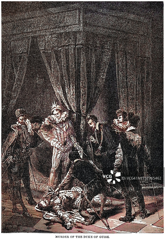 亨利三世刺杀吉斯公爵亨利一世的古老雕刻插图图片素材