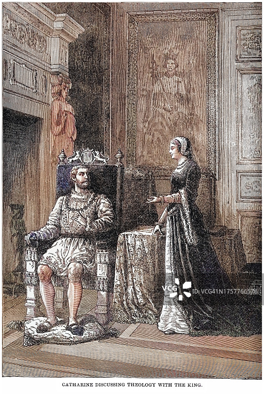 凯瑟琳·德·美第奇与法国国王亨利二世讨论神学古老雕刻插画图片素材