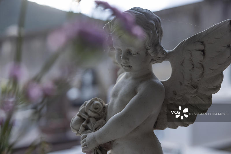 意大利撒丁岛巴里萨尔多的一个墓地里，的天使，在一束鲜花后面图片素材