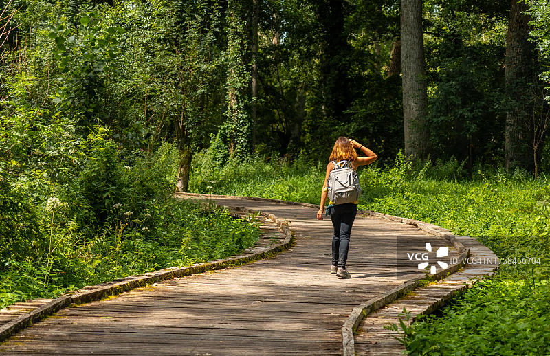 年轻女子在法国尼奥尔镇附近的绿色威尼斯波瓦图沼泽的拉加雷特和库隆之间的徒步小径上行走图片素材