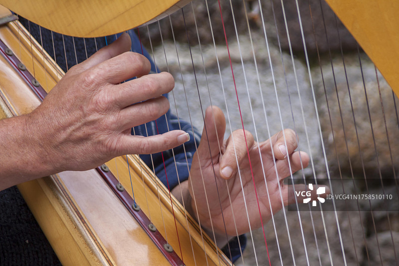 手弹奏竖琴，乐器，法国布列塔尼图片素材