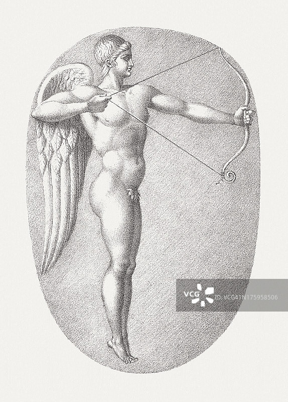 希腊神话中的爱神厄洛斯，石版画，约1830年图片素材