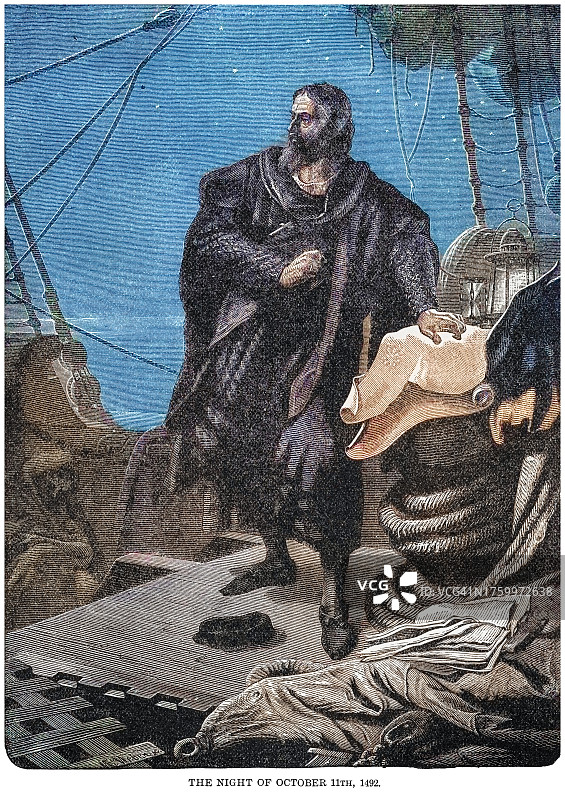 古老的雕刻插图：1492年意大利探险家克里斯托弗·哥伦布站在圣玛利亚号上图片素材