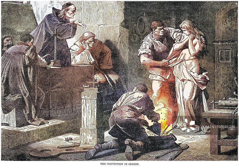宗教裁判所审判场景古版画插图图片素材