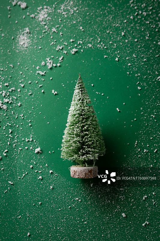 俯视角度拍摄的绿色背景圣诞树图片素材