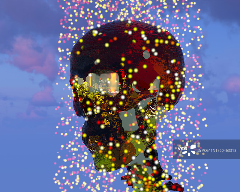 天空背景上的人类头骨和粒子图片素材