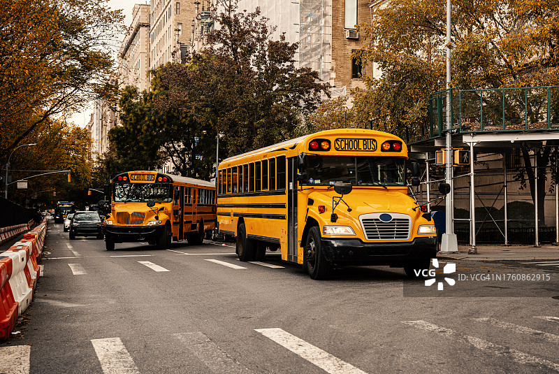 曼哈顿的纽约市黄色校车图片素材
