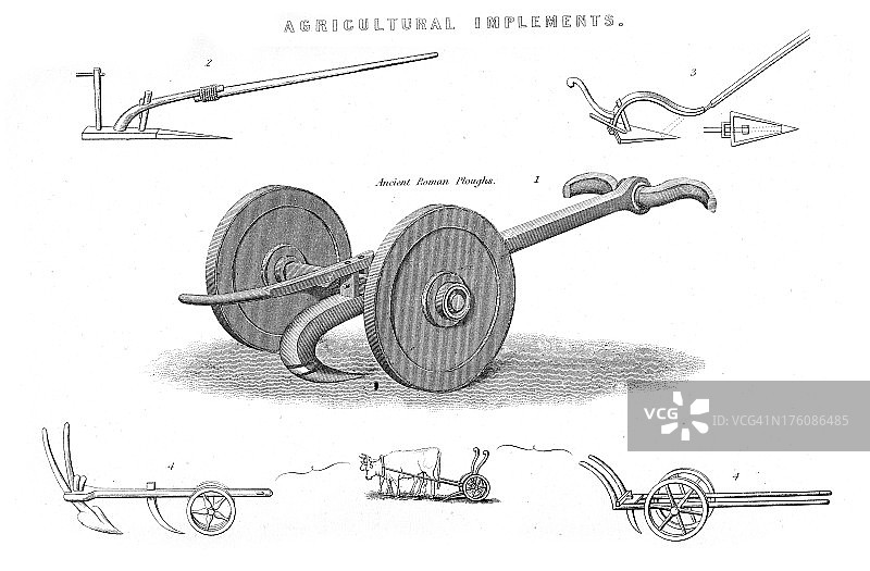 古代犁的版画 - 农业机械图片素材