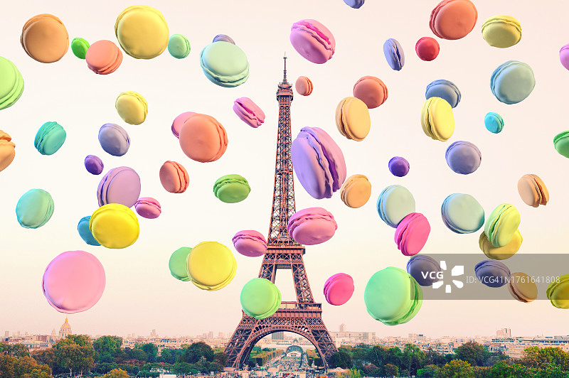 3D马卡龙在巴黎埃菲尔铁塔上方的数字合成图片素材