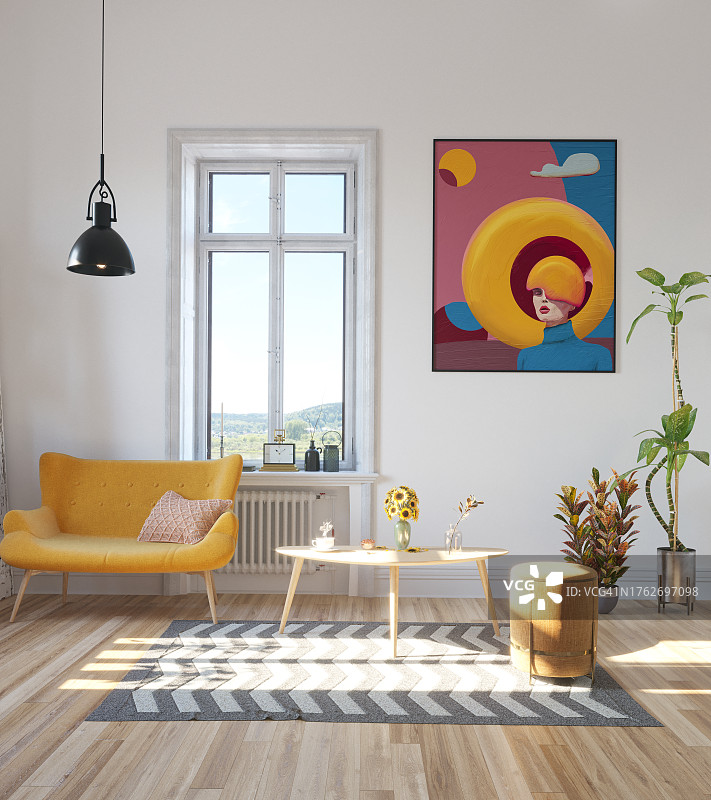 中世纪风格的斯堪的纳维亚客厅与抽象绘画图片素材