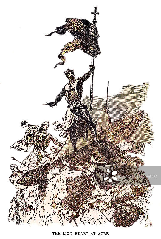 狮心王理查阿克围城老式雕刻插画图片素材