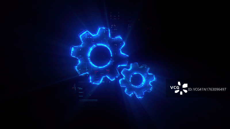 黑色背景上的数字齿轮图标全息图。生产力演变。技术进步和创新世界的未来齿轮图标。CGI 3D渲染图片素材