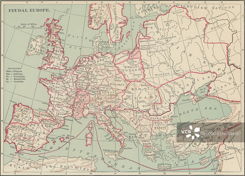 封建欧洲旧彩色石印地图图片素材