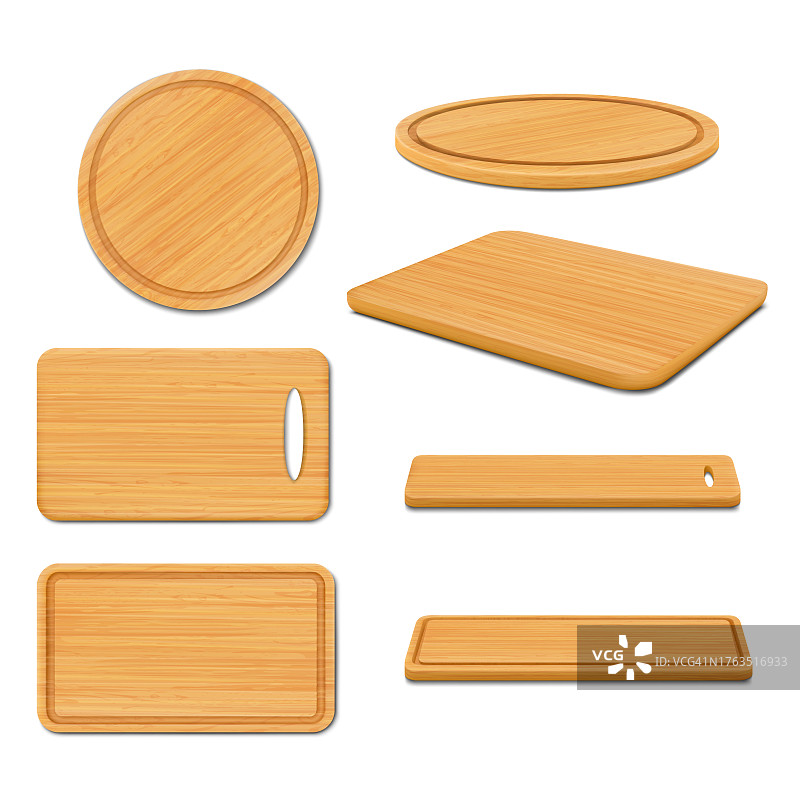 木制披萨板和砧板：圆形和矩形托盘，环保厨房用具 3D 矢量素材图片素材