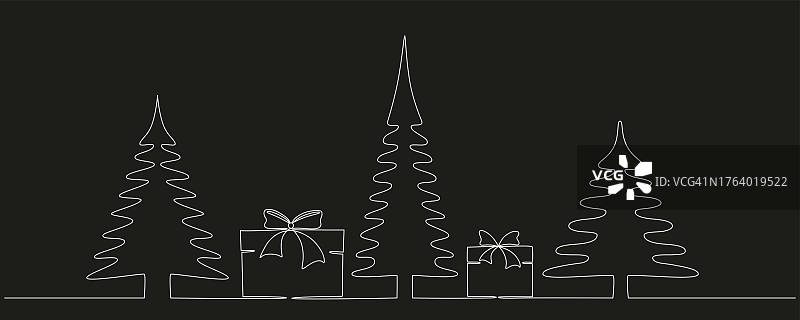 带礼盒的圣诞树手绘单线图片素材