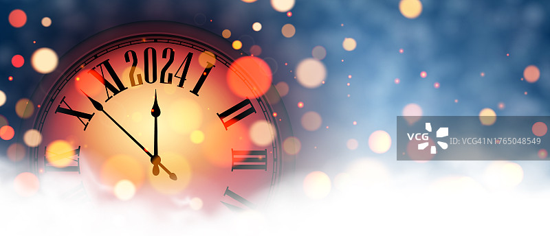 蓝色背景下2024新年倒计时橙色时钟图片素材
