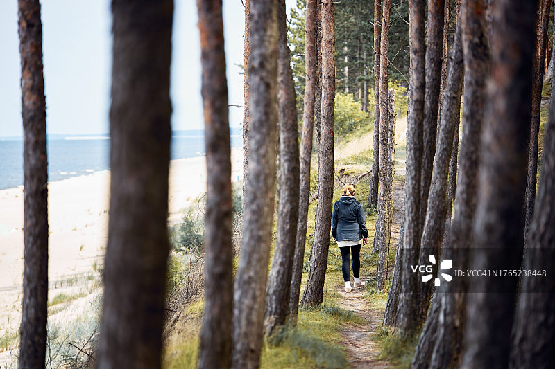 女子在海边森林徒步旅行图片素材