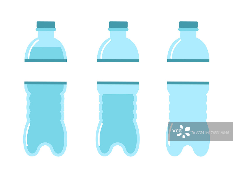 满、半、空塑料水瓶。带空白标签的矿泉水或苏打饮料容器。带盖包装。液体和冷饮卡通扁平风格隔离矢量概念图片素材