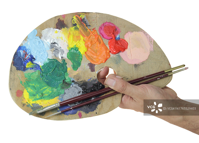 女人在白色背景上拿着调色板的局部特写图片素材