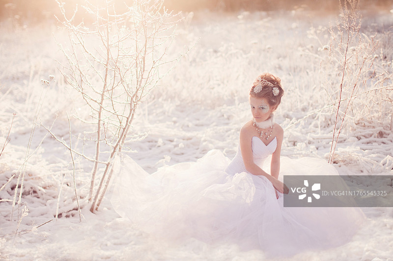 身穿白色冬裙坐在烧结场地上的冰雪少女画像图片素材