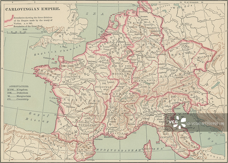 加洛林帝国时期古老彩色石印地图图片素材