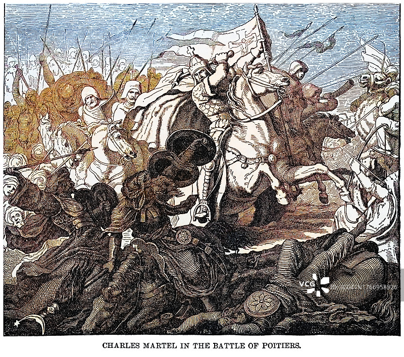 查理·马特在普瓦捷战役中古董雕刻插图图片素材