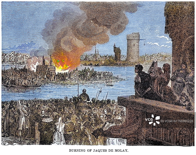 法国圣殿骑士团焚烧场景老式雕刻插图图片素材