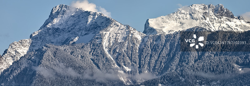 白雪皑皑的群山映衬着天空的全景图片素材