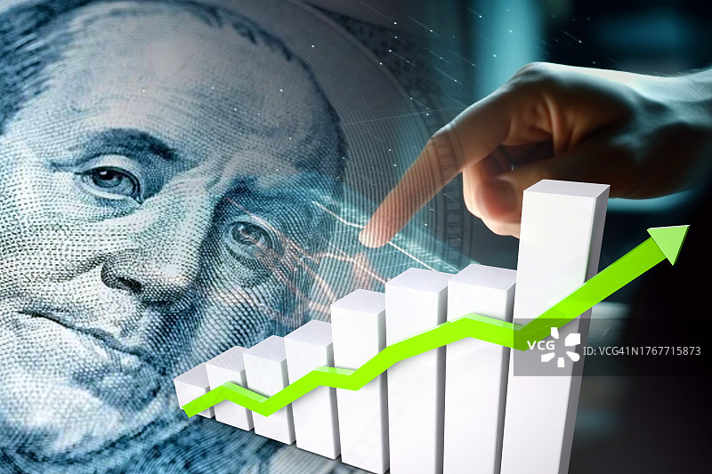 向上箭头、100美元钞票和股票市场指标图片素材