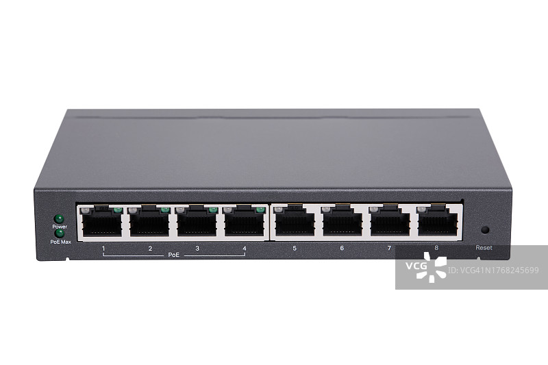 带8个端口的千兆以太网桌面交换机，白色背景隔离图片素材