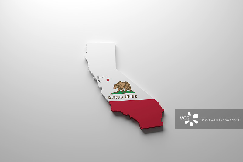 加利福尼亚州地图与旗帜，3D渲染图片素材
