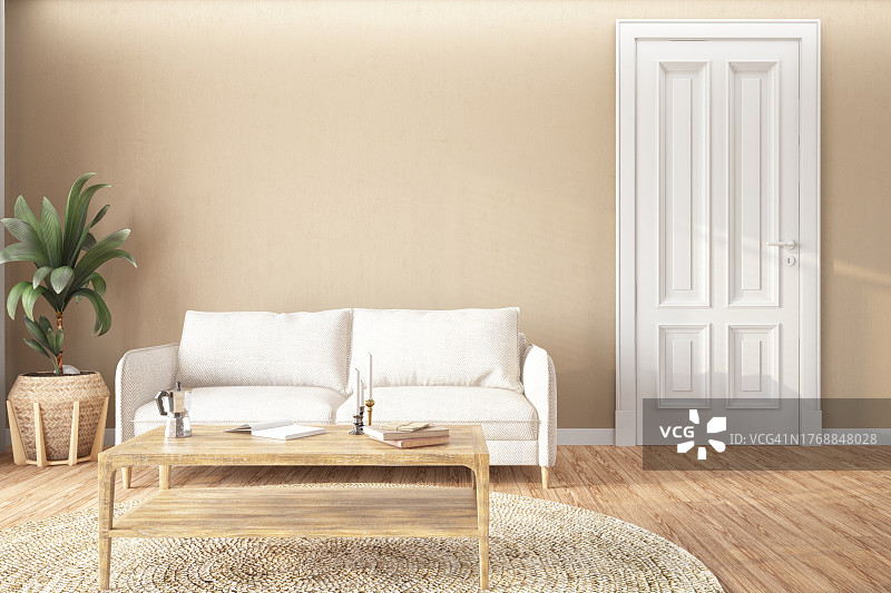 舒适的斯堪的纳维亚风格米色客厅，带白色门图片素材