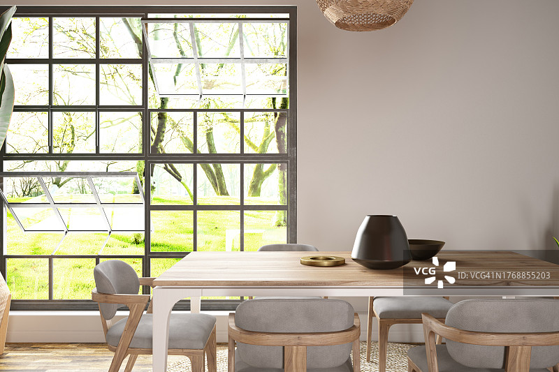 带窗景和空白墙的餐桌图片素材