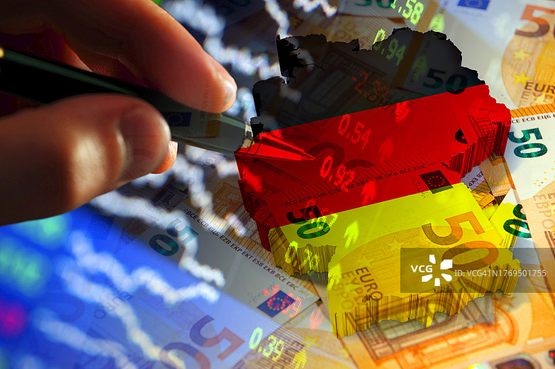 德国地图和国旗、欧元现金账单与股市指标图片素材