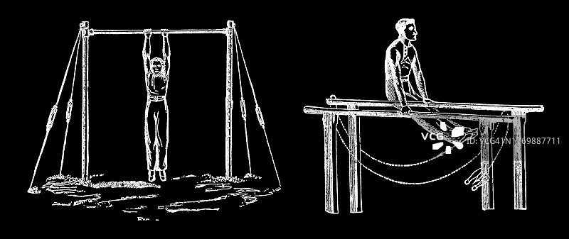卫生体操，健康生活方式 - 体育和锻炼：双杠和单杠古老雕刻插图图片素材