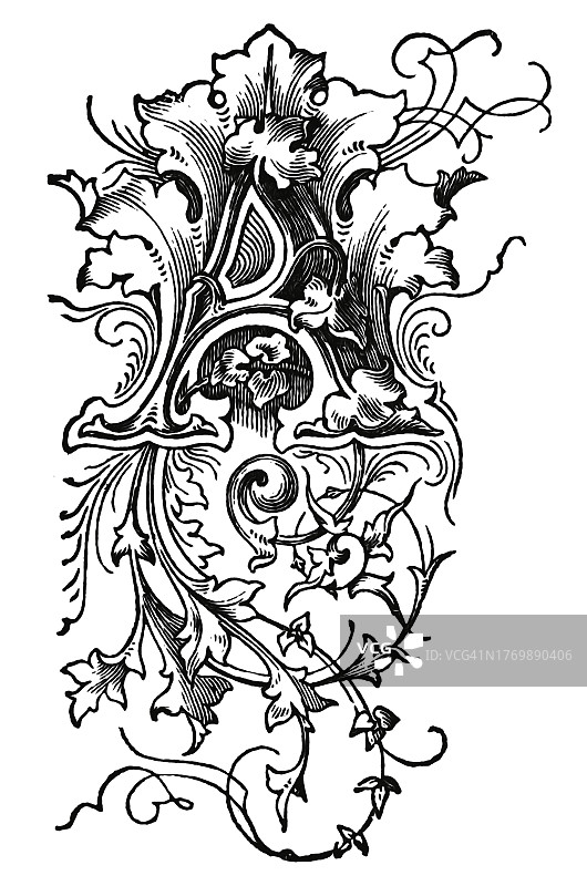 字母A装饰的古老雕刻插图图片素材