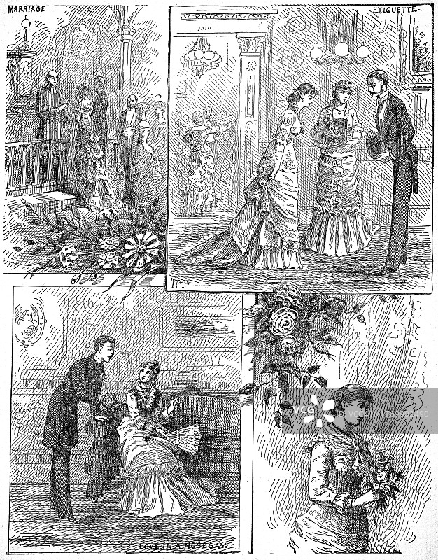 恋爱中年轻人会面礼仪的古老雕刻插图图片素材