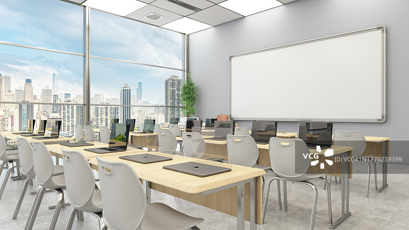 配备笔记本电脑和空白白板的现代教室图片素材