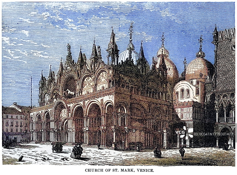 意大利威尼斯圣马可钟楼古老雕刻插图图片素材