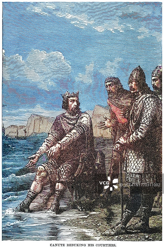 克努特国王无法阻挡潮水的古老版画图片素材