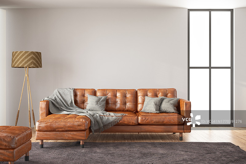 舒适的房间，配有真皮沙发和空白白墙图片素材