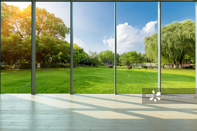 透过玻璃窗，晴空下，城市公园的草坪和绿色森林图片素材
