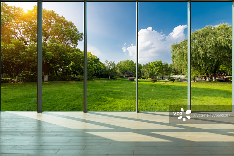 透过玻璃窗，晴空下，城市公园的草坪和绿色森林图片素材