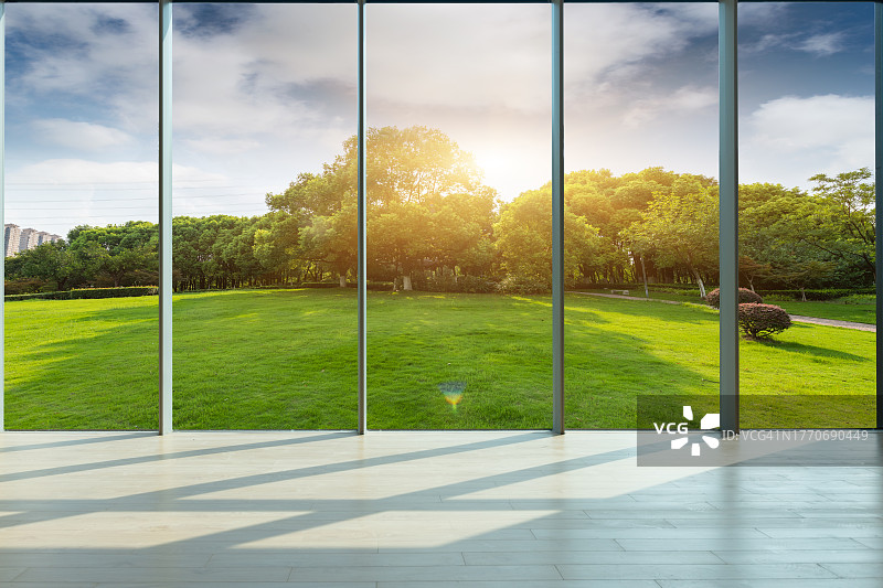透过玻璃窗，晴空下，城市公园的草坪和绿色森林图片素材