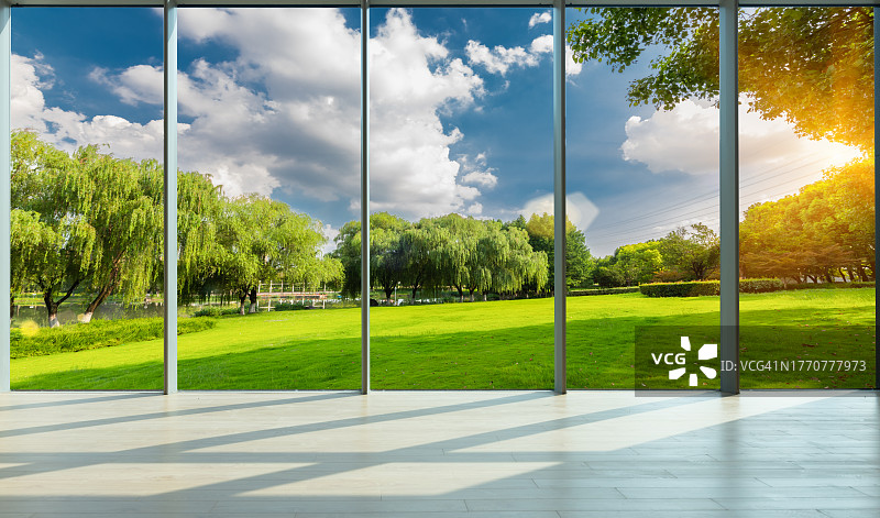 透过玻璃窗，晴空下，城市公园的草坪和绿色森林图片素材